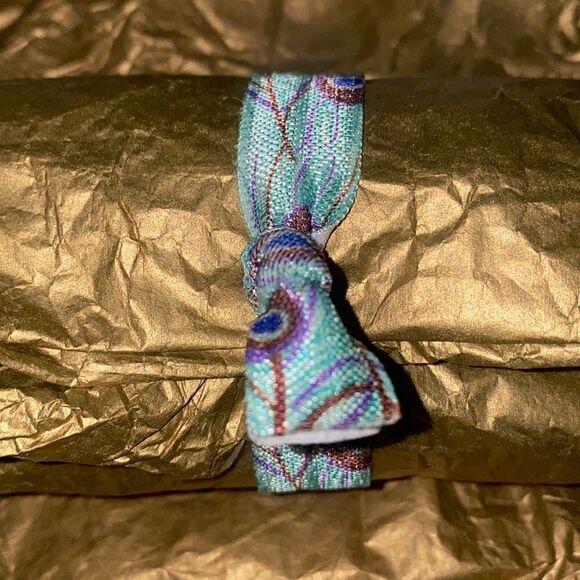 Turquoise Peacock Feather Rhinestone Charm Hair Tie Ponytail Holder Bracelet - Picture 2 of 5